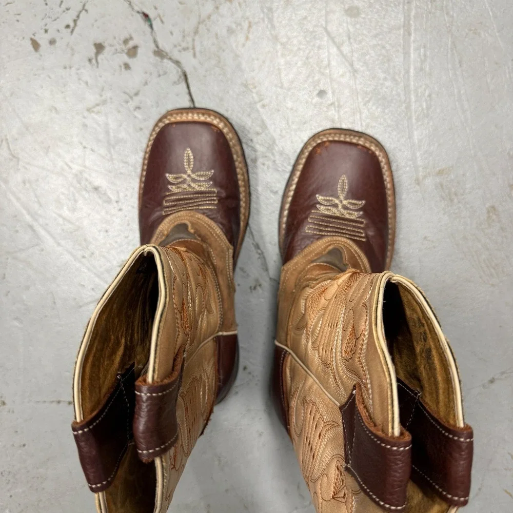 Kids Western Cowboy Boots Square‎ Toe Brown Tan Crazy Pull On Shoes Size 22.5